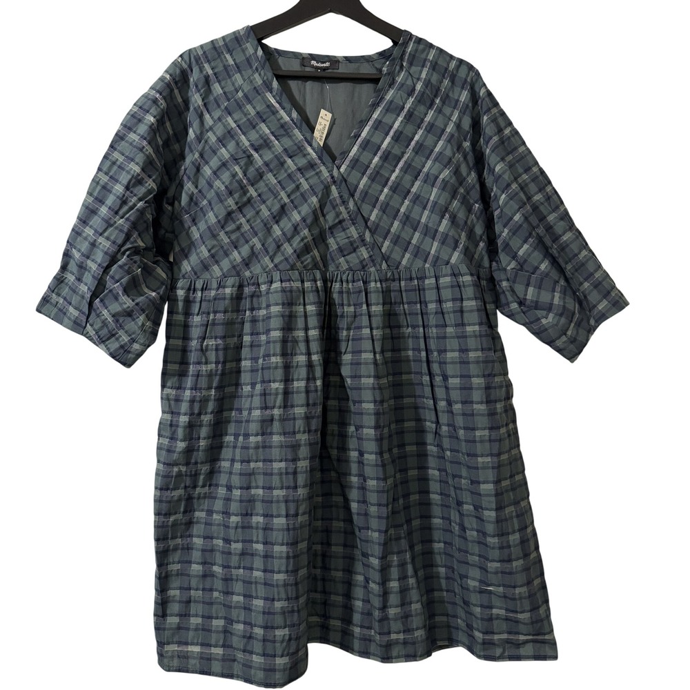 Madewell Green Plaid V-Neck Babydoll Dress NI640 Pockets NWT Womens Medium
